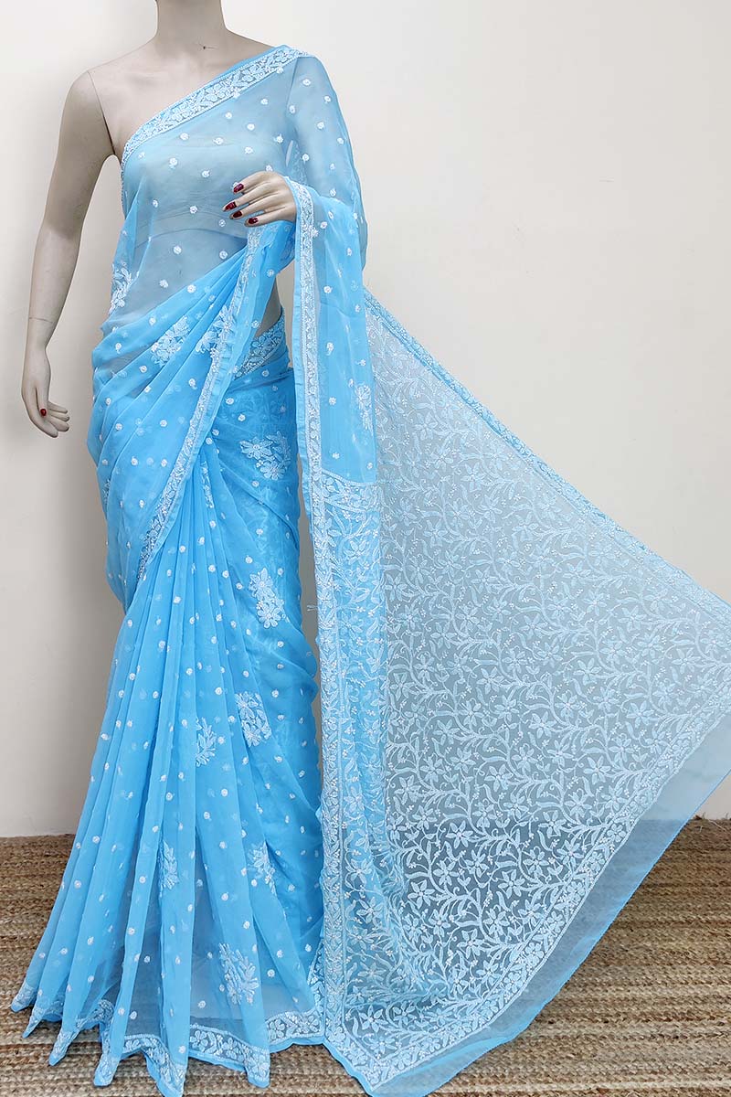 Blue color Allover booti jaal Hand Embroidered Lucknowi Chikankari Saree (With Blouse- Georgette) MC252869