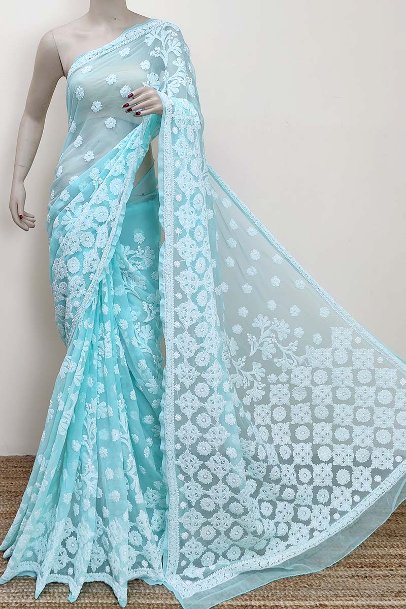 Sea green color Designer Hand Embroidered Lucknowi Chikankari Saree (With Blouse - Georgette) MC252870