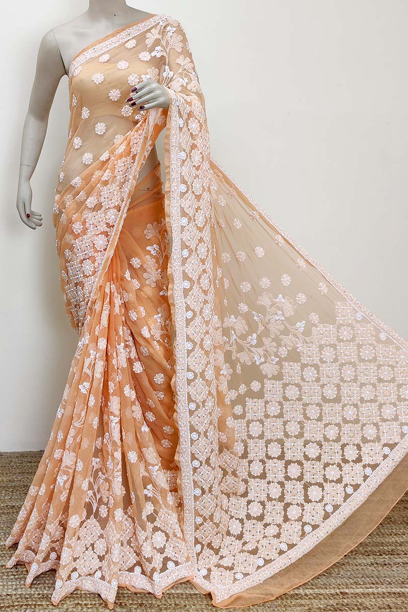 Light orange color Designer Hand Embroidered Lucknowi Chikankari Saree (With Blouse - Georgette) MC252871