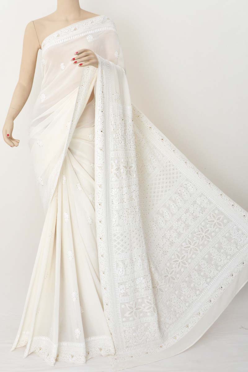 Buy White Color Dyeable Pure Georgette with Mukaish work Lucknowi