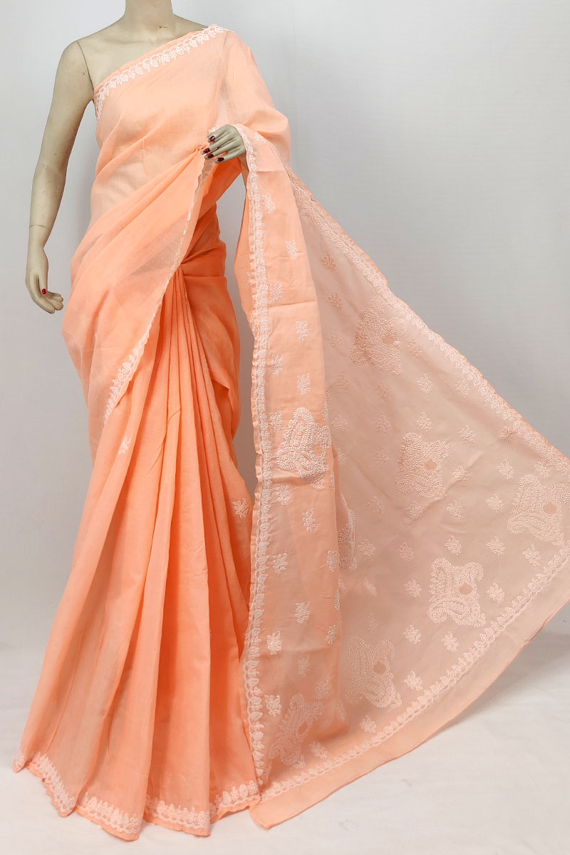 Orange Color Cotton Lucknowi Chikankari Saree With Blouse MC253273