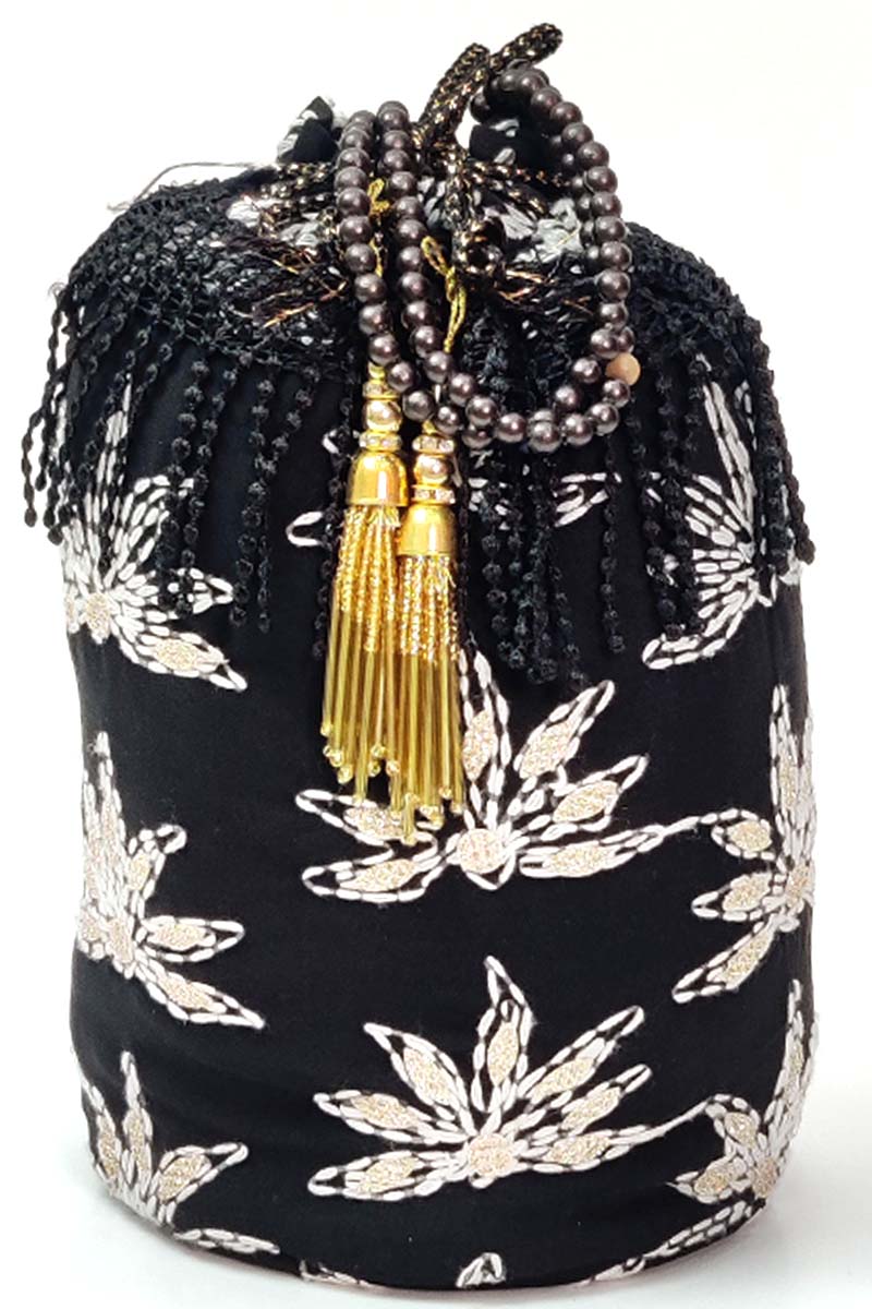 Zari Embroidered Black Potli Bag By Estonished | ESTFABPB-1587 | Cilory.com