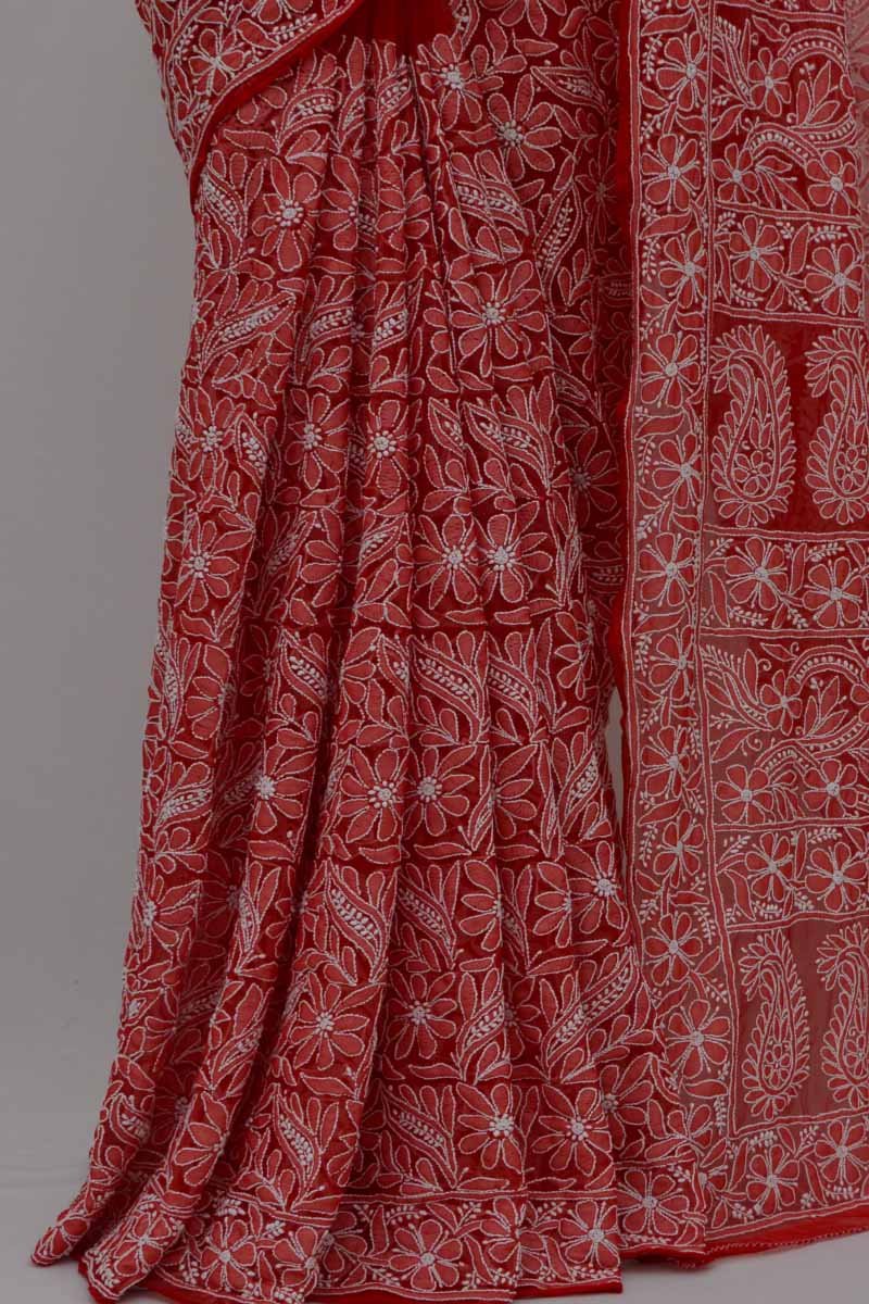 Buy Red Color Allover Heavy Palla Hand Embroidered Lucknowi Chikankari ...