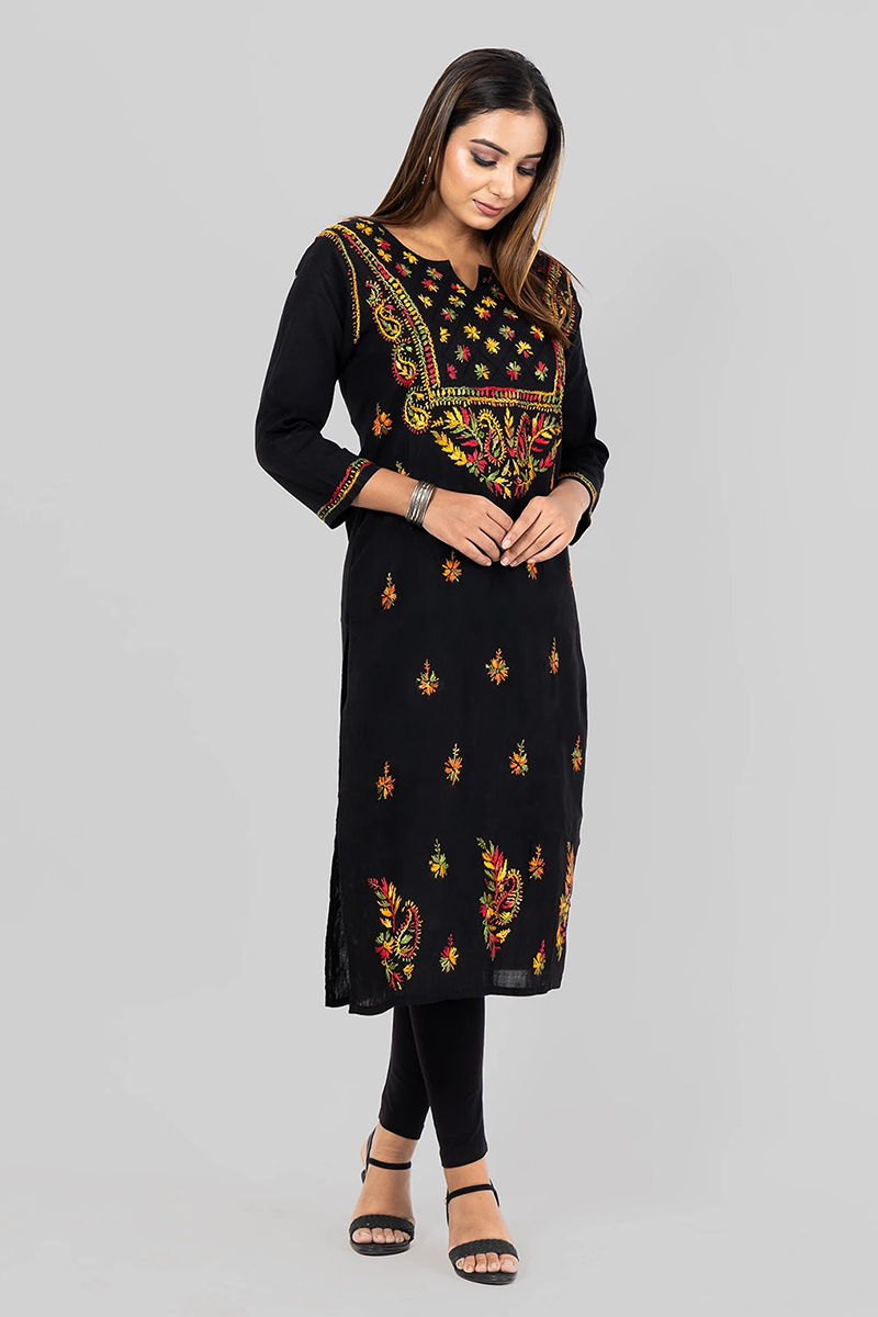 Black Color Hand Embroidered Lucknowi Chikankari long kurti (Cotton) MC252433