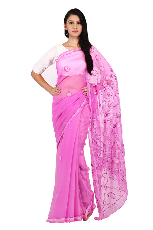 Reeta Fashion Gorgeous Dark Pink Georgette Jacquard Lace Saree with  Unstitched Blouse | Reeta Fashion