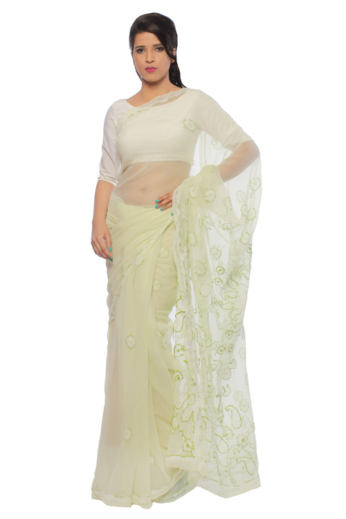Buy Chikan Georgette Base Lemon Saree For Woman with Blouse Piece White And  Green Threaded Lucknow Chikan Work | www.maanacreation.com