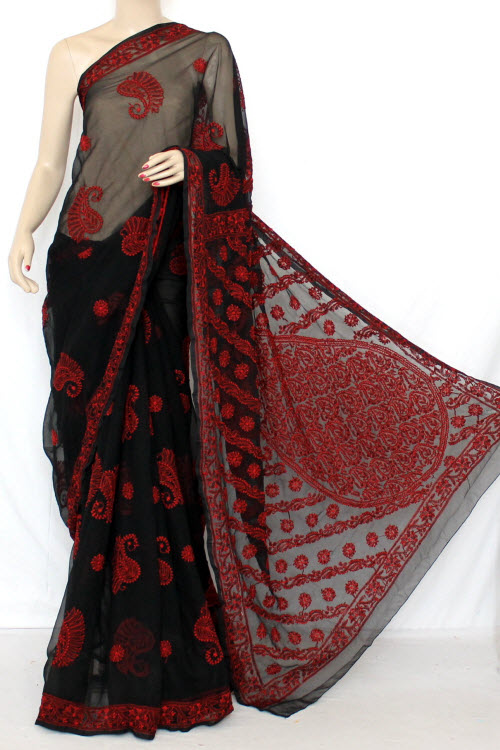 Red Chikankari Saree Georgette for Women Full Work Embroidery With
