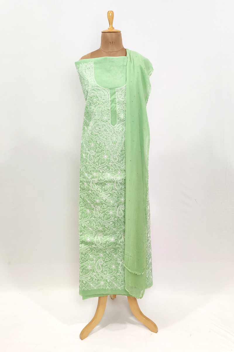 Green Colour Cotton Chikankari Front Jaal Kurta Bottom Dupatta Set MC253080