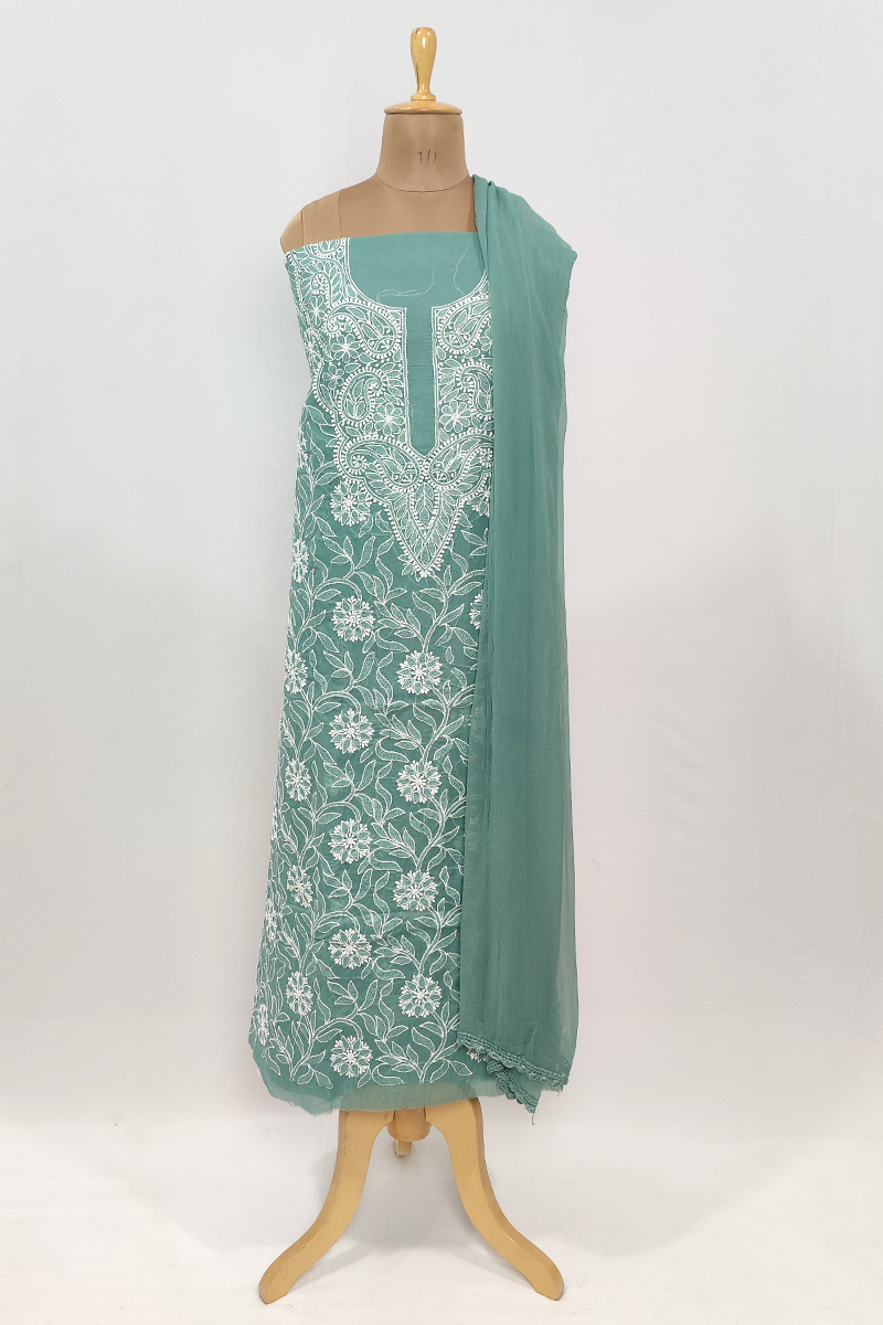 Teal Green Colour Cotton Chikankari Front Jaal Kurta Bottom Dupatta Set MC253082