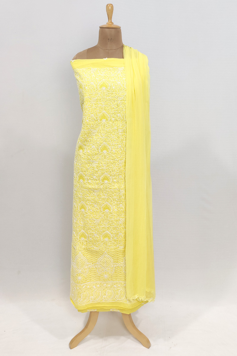 Yellow Colour Cotton Chikankari Front Jaal Kurta Bottom Dupatta Set MC253086