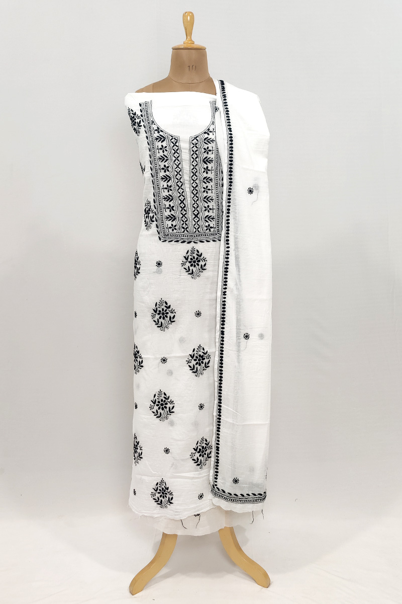 White Colour Exclusive Mul Chanderi Chikankari Kurta Dupatta Set MC253090