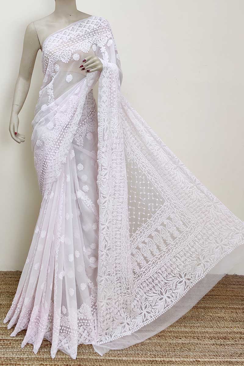 Baby Pink color Designer Hand Embroidered Lucknowi Chikankari Saree (With Blouse - Georgette) MC252982