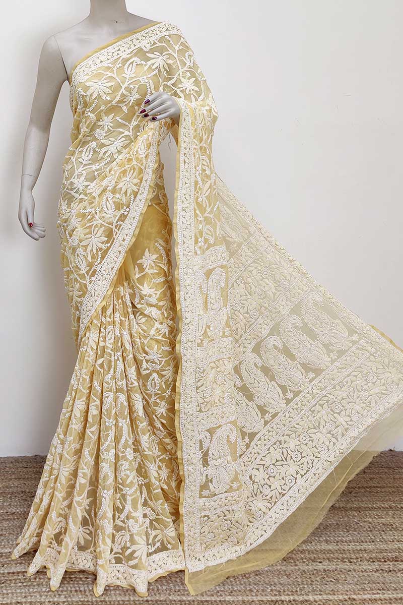 Dark Beige Color Allover Hand Embroidered Lucknowi Chikankari Saree (With Blouse - Georgette) MC252983