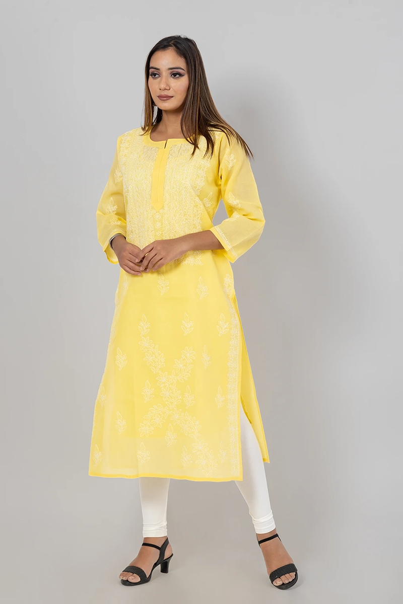 Flared Yellow Embroidered Rayon Long Kurti | ARADHNA RIWAAZ-5001 |  Cilory.com