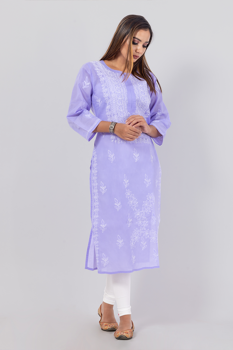 Lavender Color Hand Embroidered Lucknowi Chikankari Long Kurti (cotton) Mc252451