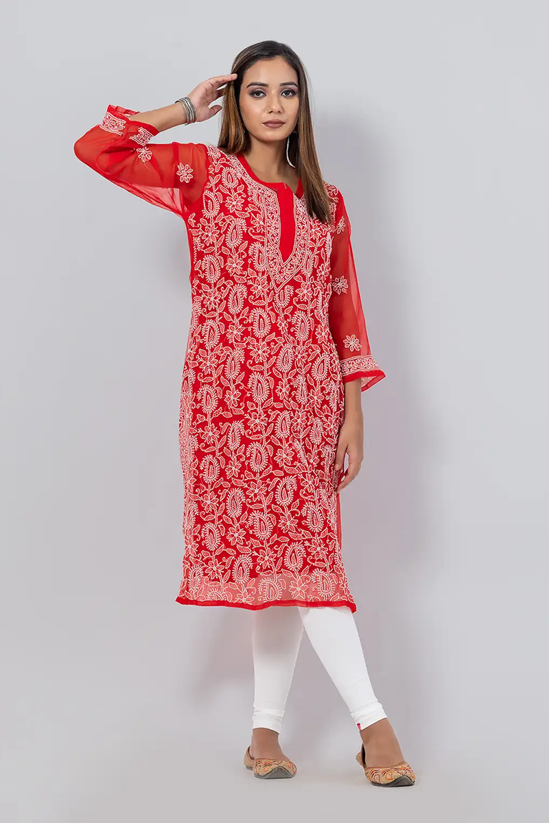 Red Color Hand Embroidered Lucknowi Chikankari Long Kurti (georgette) Mc252453