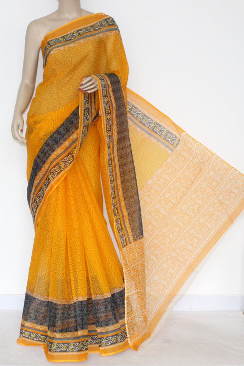 Buy Golden Yellow Grey JP Kota Doria Printed Cotton Saree (without Blouse)  13566