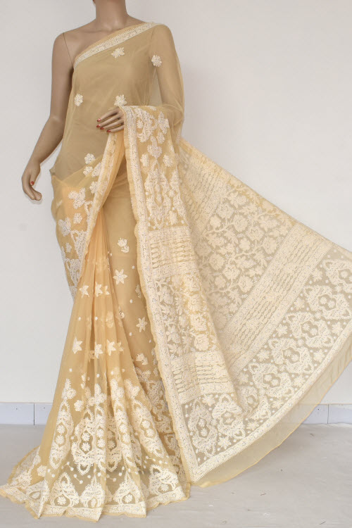 Fawn Colour Hand Embroidered Lucknowi Chikankari Saree (with Blouse - Faux Georgette) 14466