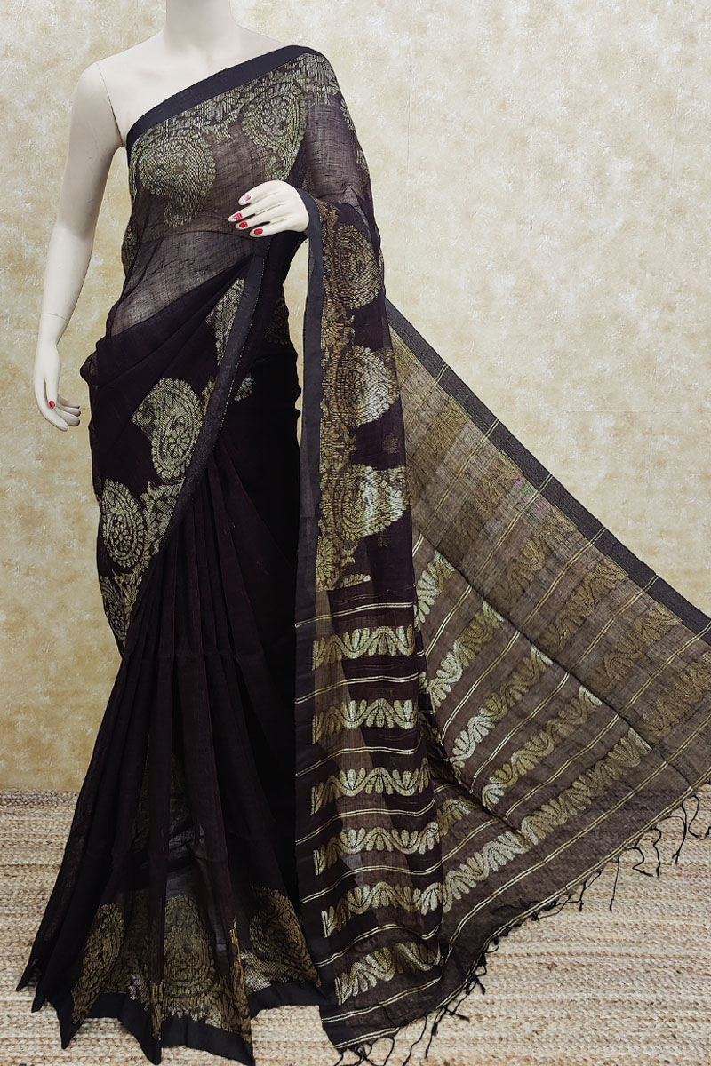 Mesmerizing Rust Black Handwoven Linen Saree With Lotus Design Pallu -  Loomfolks