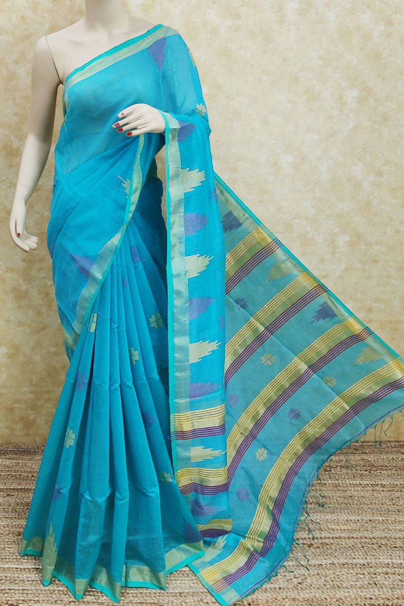 Sky blue color linen cotton saree with zari weaving worK