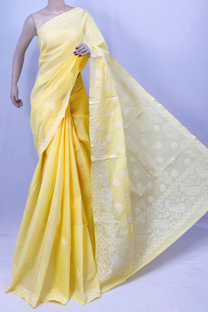 Yellow Color Cotton Lucknowi Chikankari Saree With Blouse MC253278