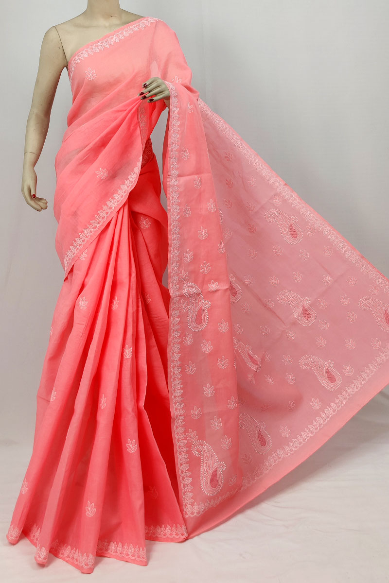 Peach Color Cotton Lucknowi Chikankari Saree With Blouse MC253280