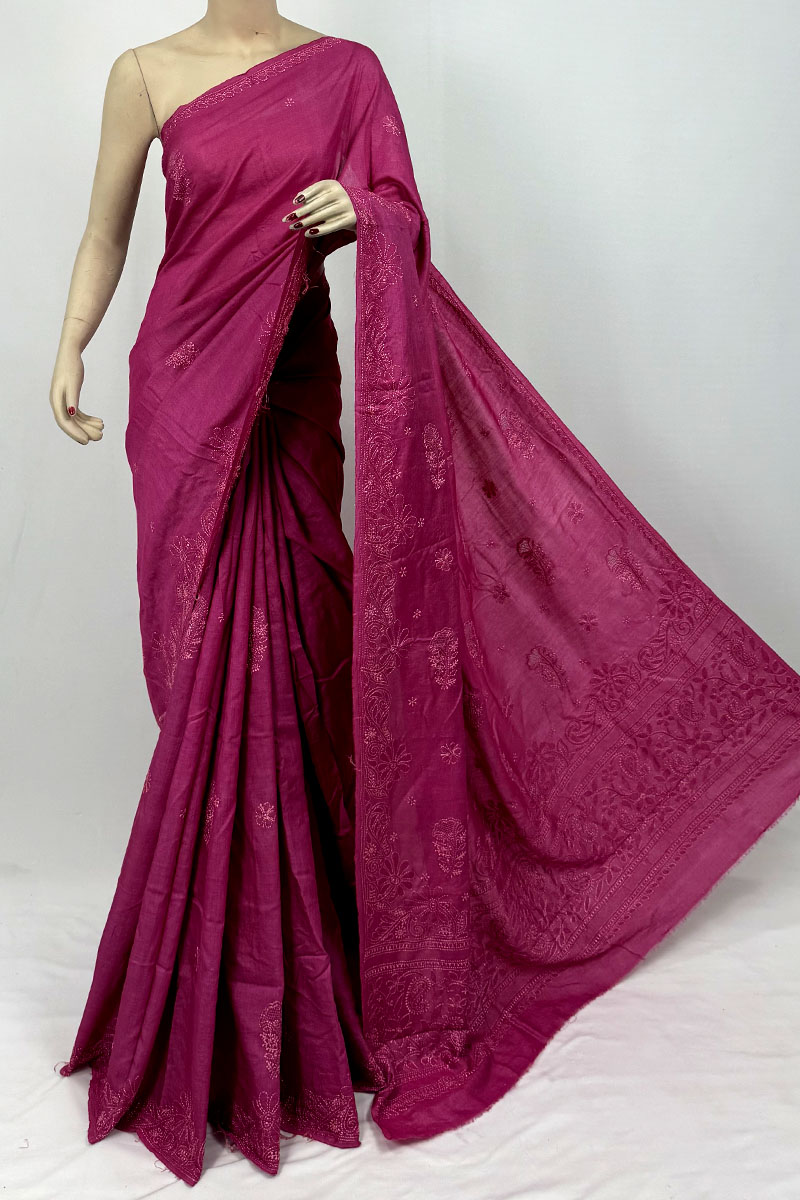 Magenta Pink  Color Tussar Silk Lucknowi Chikankari Saree With Blouse MC253281