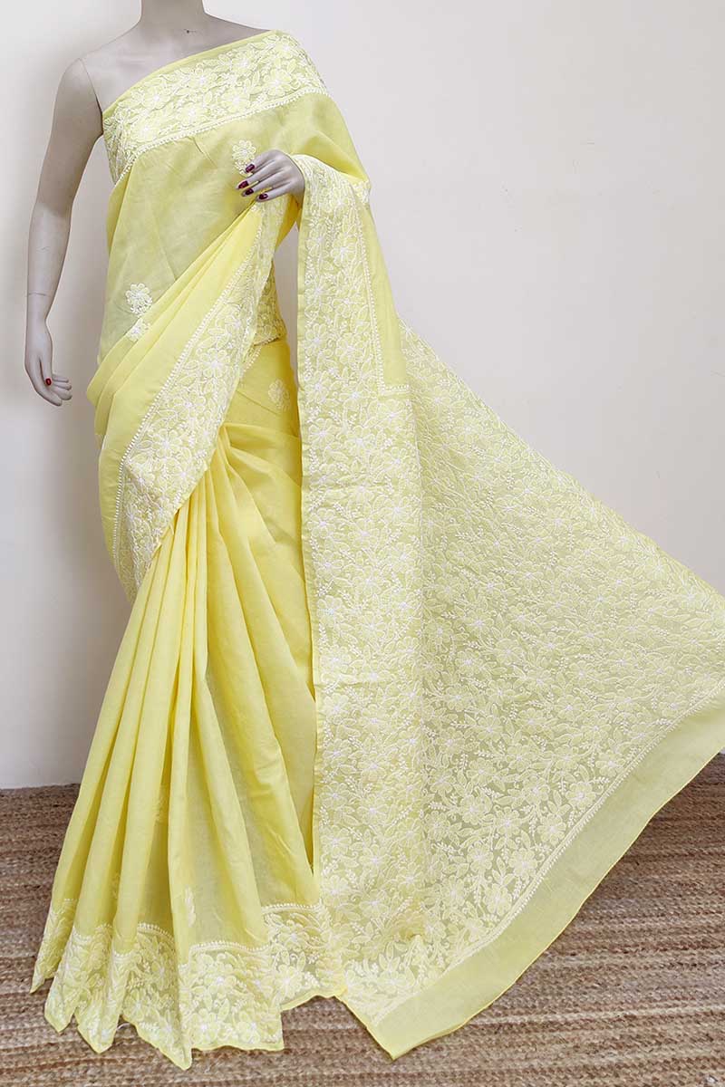 Yellow Color Hand Embroidered Cotton Lucknowi Chikankari Saree (with Blouse) MC252985