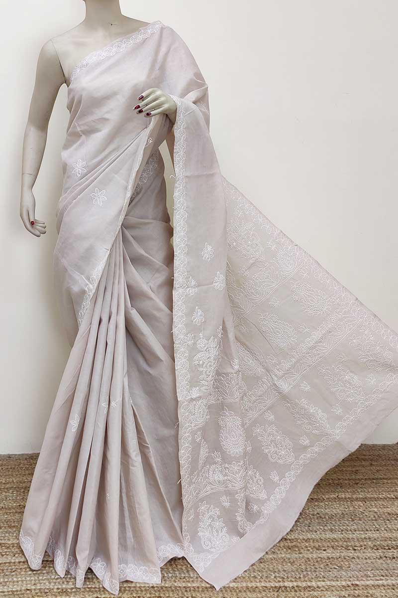 Beige Color Hand Embroidered Cotton Lucknowi Chikankari Saree (with Blouse) MC252987