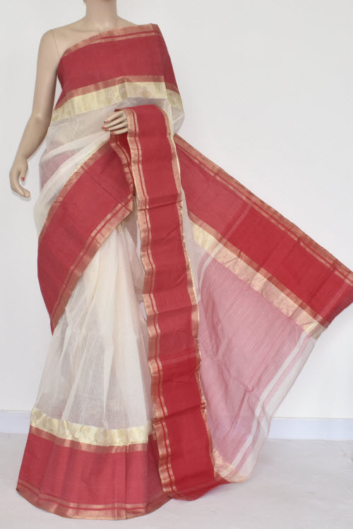 Off white cotton shop saree with red border