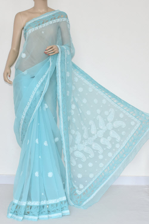 Light Blue Designer Hand Embroidered Lucknowi Chikankari Saree (With Blouse - Georgette Saree with Net Border) 14299