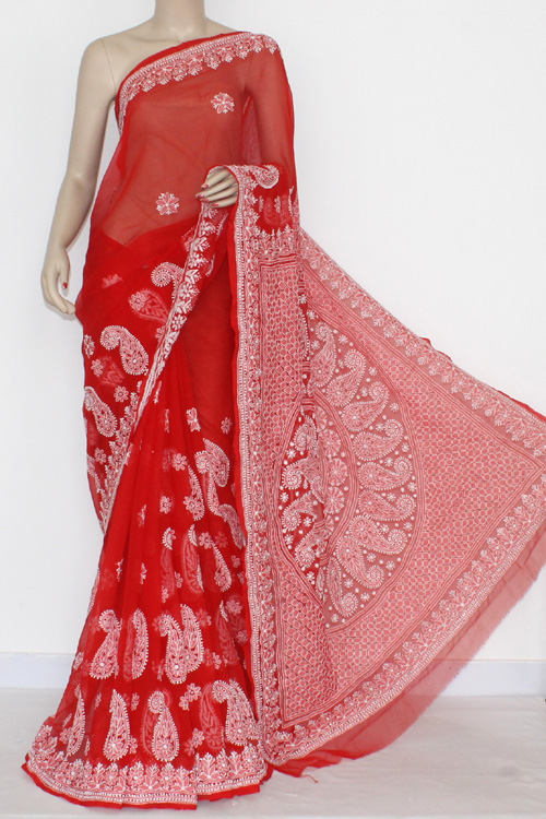Soft Refined Georgette Silk Saree Lucknowi Thread Chikankari Work With 9mm  Sequins Work And Viscose Border And Banglori Satin Silk Blouse - Urban  Libaas