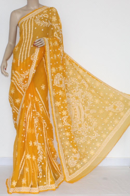 Mustared Yellow Designer Hand Embroidered Lucknowi Chikankari Saree (With Blouse - Georgette) 14493