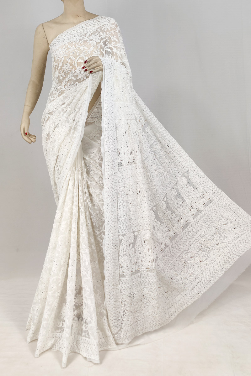 White Colour Georgette Lucknowi Chikankari Saree With Blouse With Mukaish Work MC253130