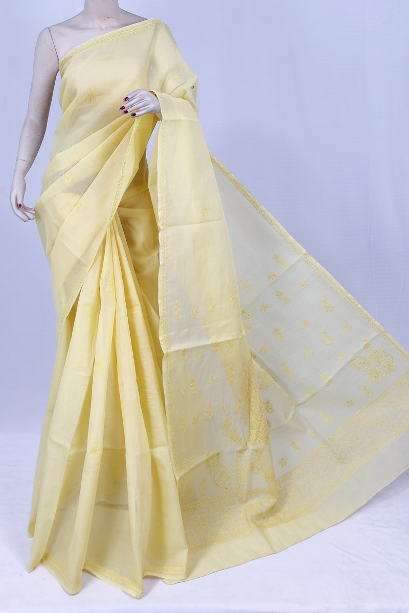 Light Yellow Colour Cotton Chikankari Saree With Blouse MC253131