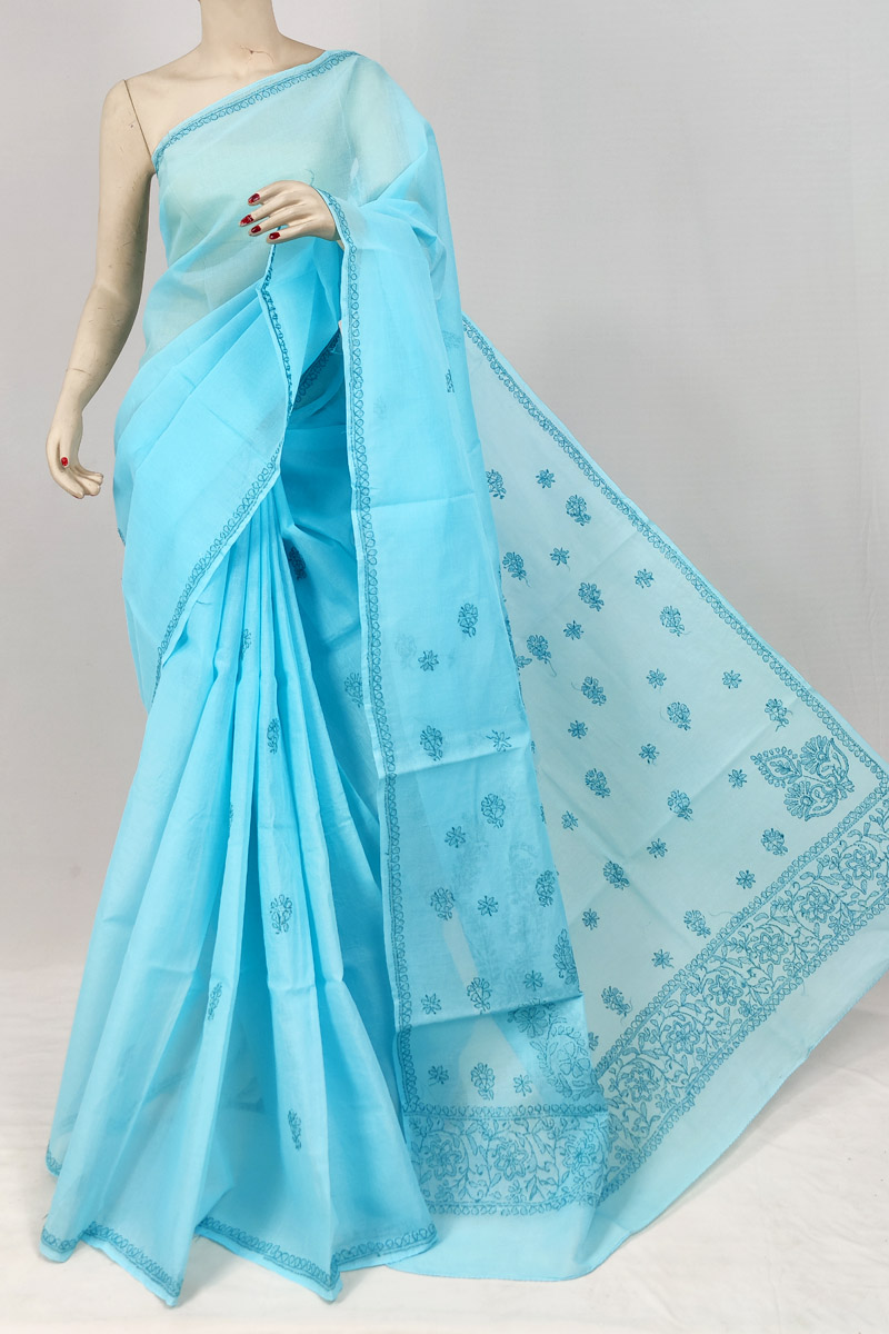 Sky Blue Colour Cotton Chikankari Saree With Blouse Mc253132