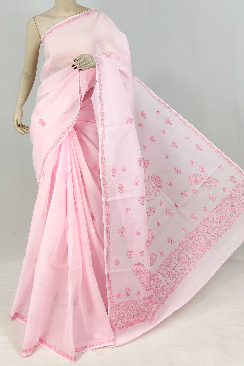 Baby Pink Colour Cotton Chikankari Saree With Blouse MC253133