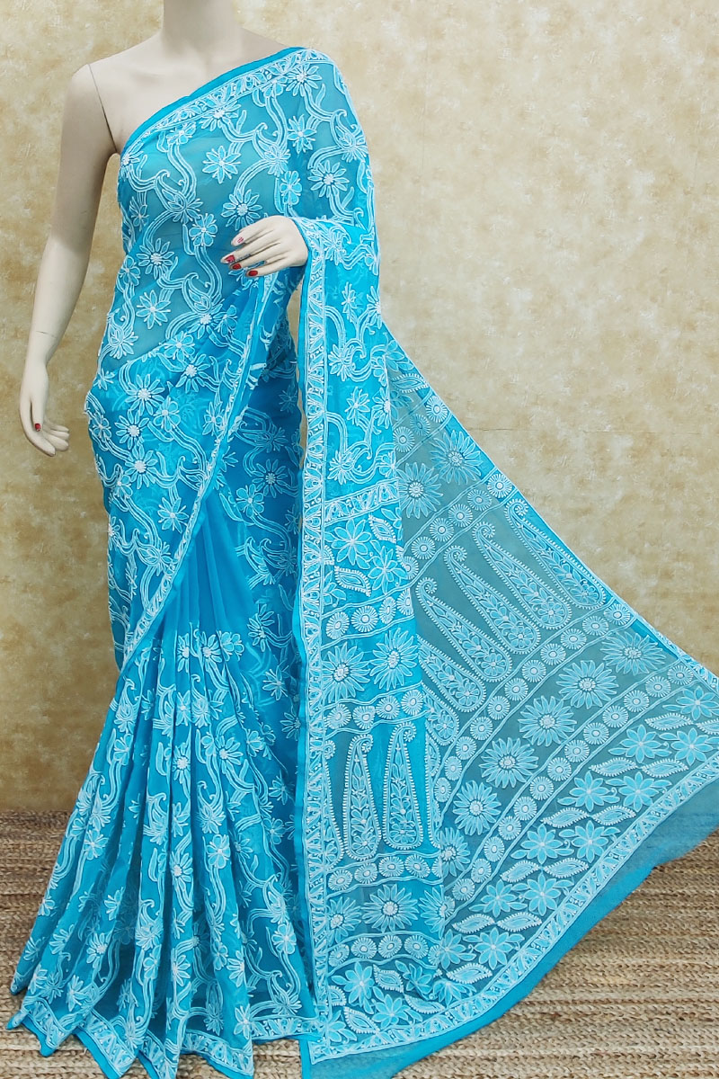 Buy Blue Colour Designer Hand Embroidered Lucknowi Chikankari Saree ( With  Blouse - Georgette ) MC251824