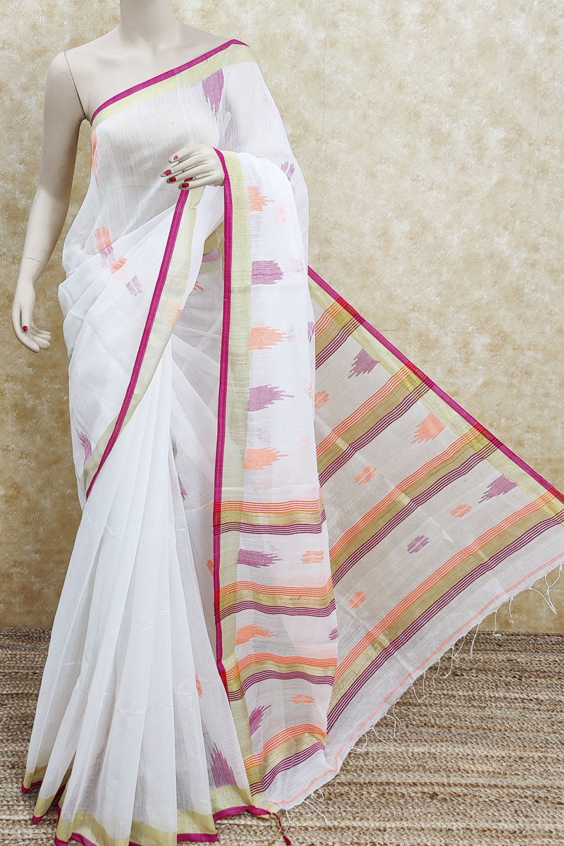 Buy White colour Silk Cotton Bengoal Handloom Soft Cotton Saree (With  Blouse) MC251827