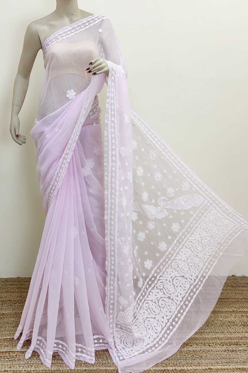 Pink colour Designer Hand Embroidered Georgette Lucknowi Chikankari (Saree with Blouse) MC252989