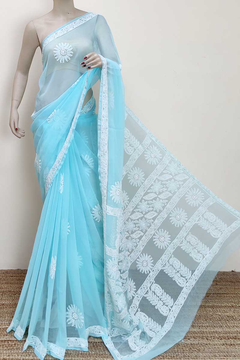 Sea green colour Designer Hand Embroidered Georgette Lucknowi Chikankari (Saree with Blouse) MC252991