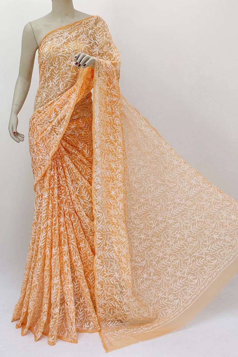 Grey Color Hand Embroidered Tepchi Work Lucknowi Chikankari Saree(With  Blouse- Georgette) SM250723