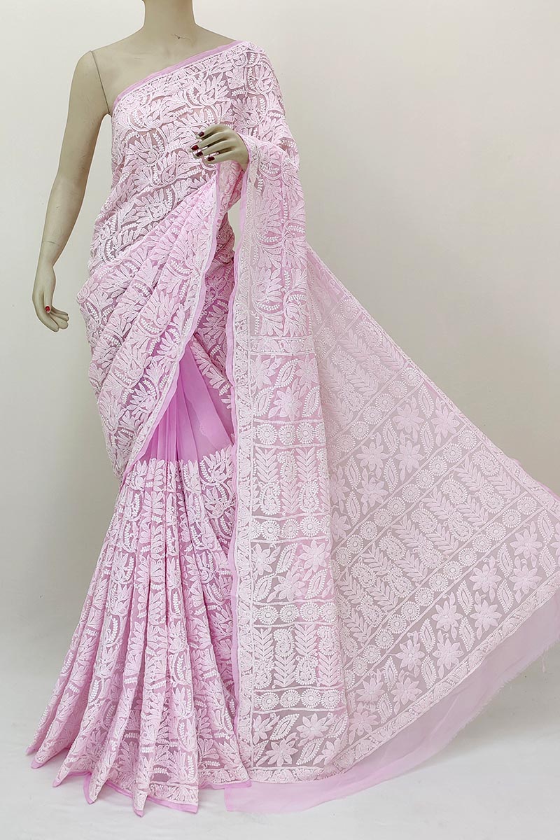 Pink Color Allover Hand Embroidered Lucknowi Chikankari Saree (With Blouse - Georgette) MN252157