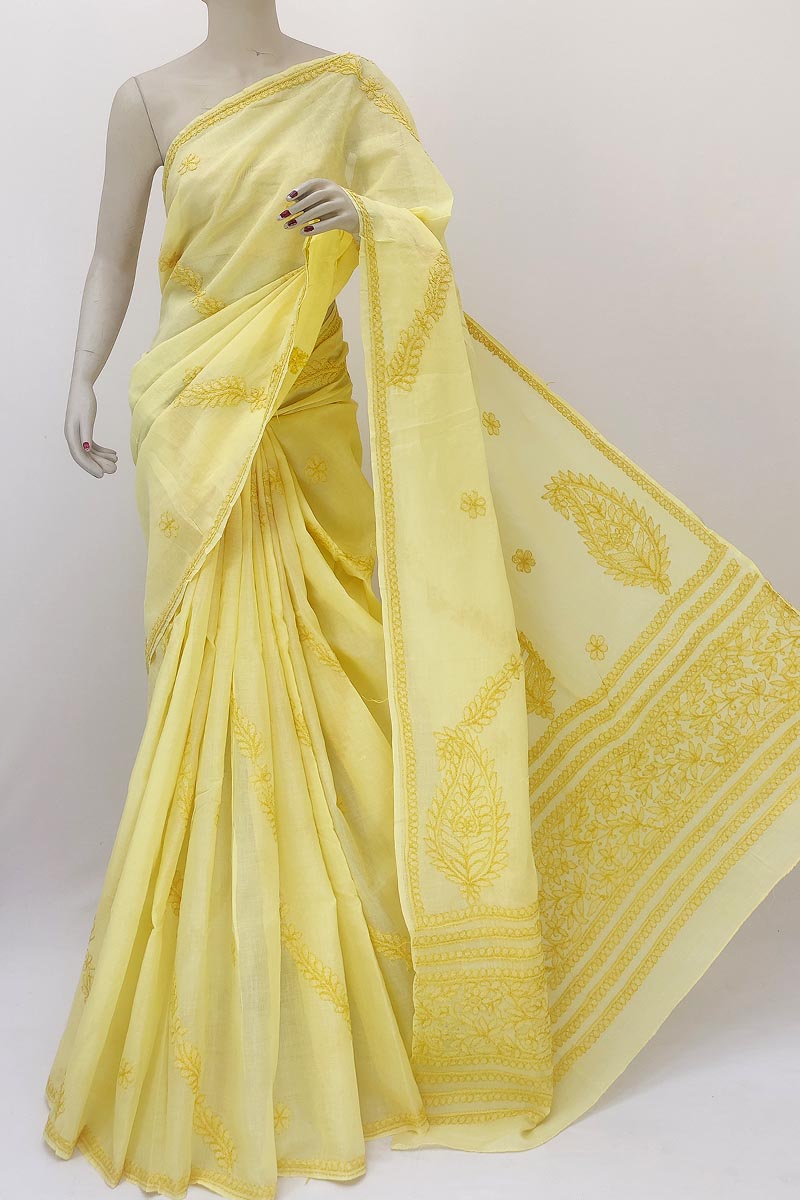 Yellow color Designer Hand Embroidered Lucknowi Chikankari Saree (With Blouse - Cotton) MN252165