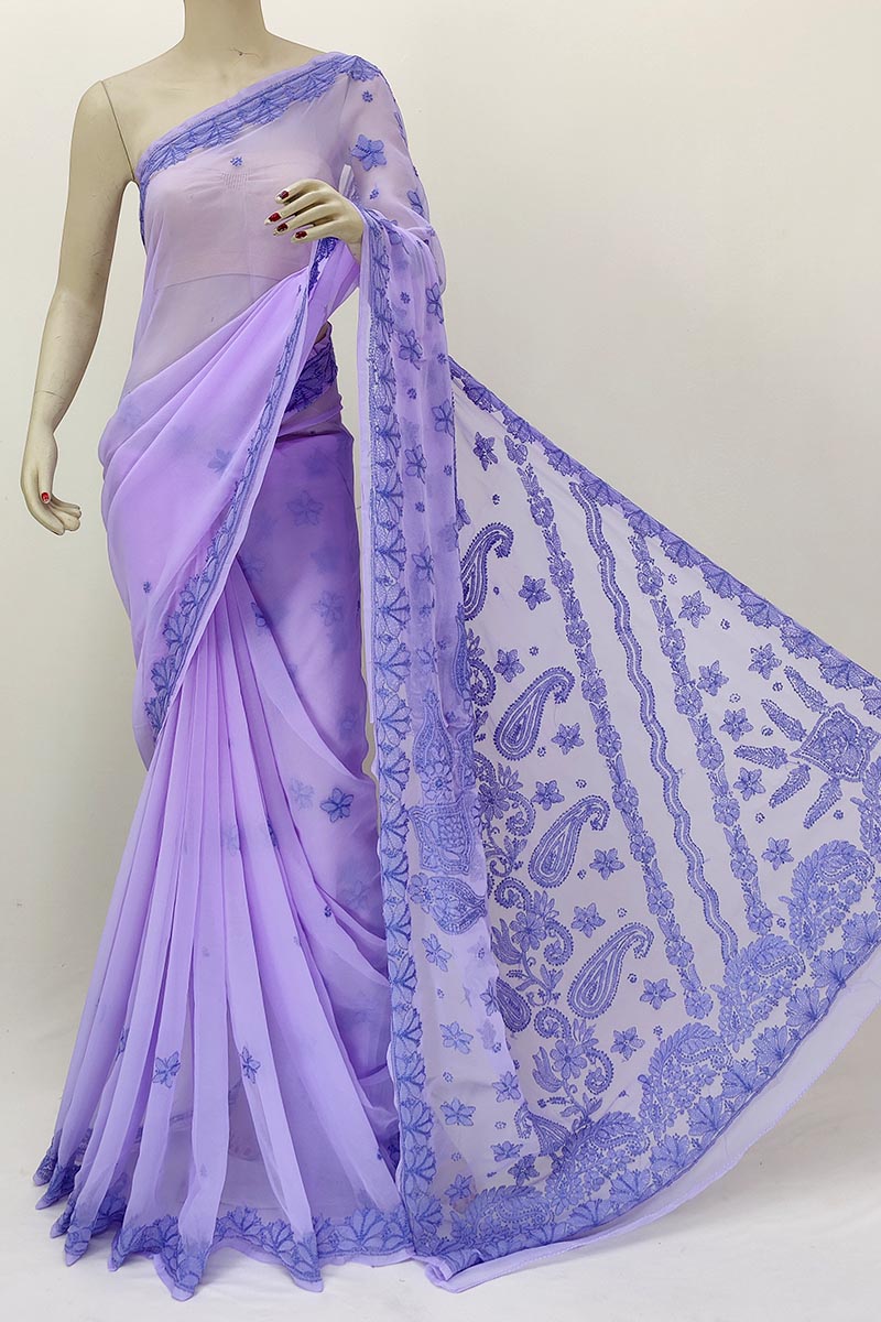 Lavender color Designer Hand Embroidered Lucknowi Chikankari Saree (With Blouse - Georgette) MN252172