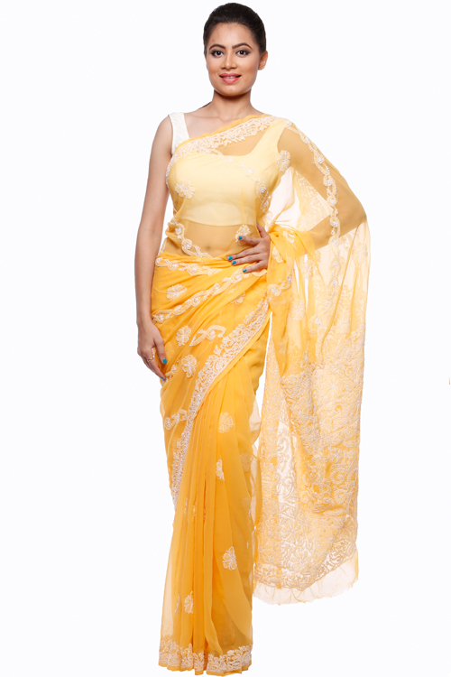 Georgette Chikankari Saree - Yellow – Phulari