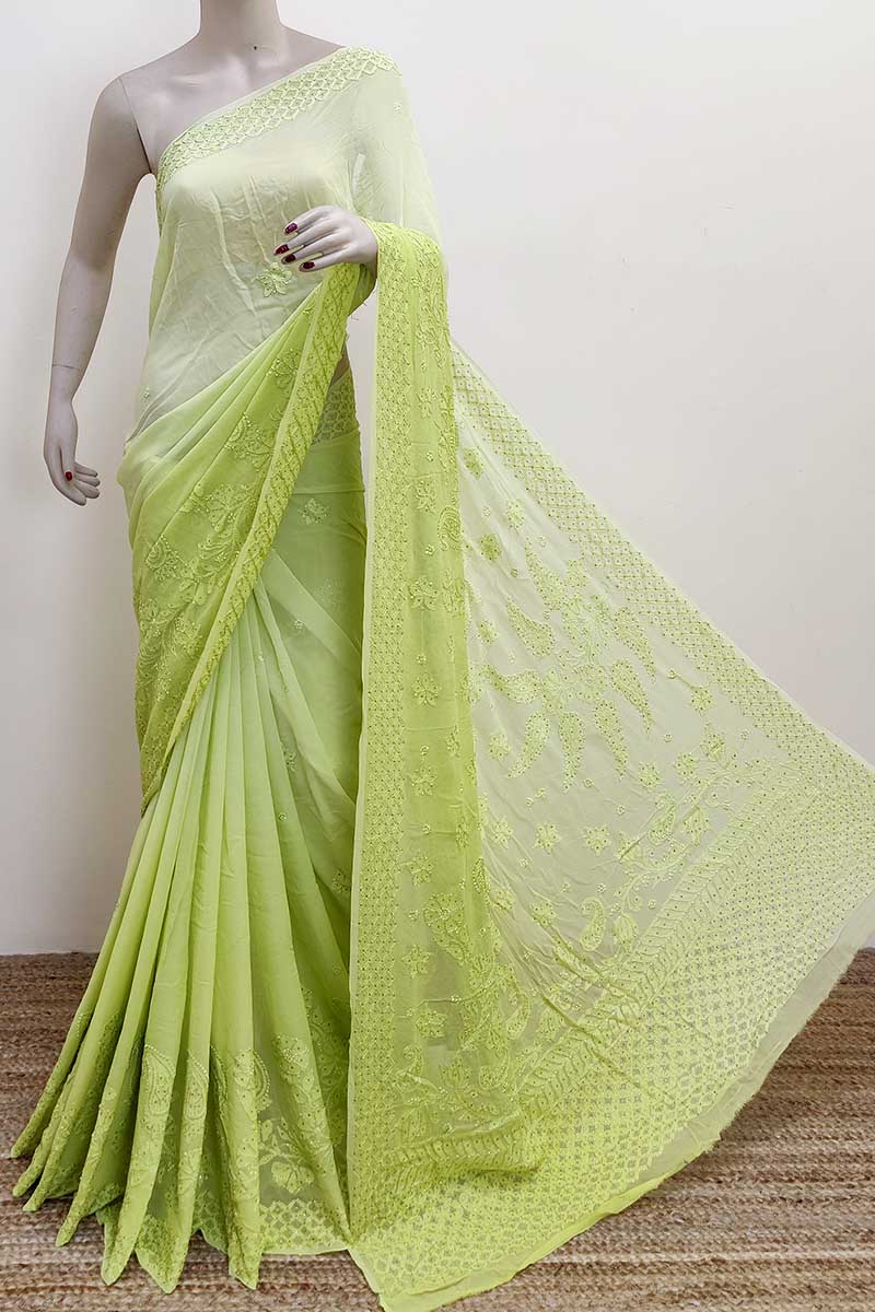 Shaded Green Color  Hand Embroidered Lucknowi Chikankari Saree with mukaish work (With Blouse - Viscose ) MC252993