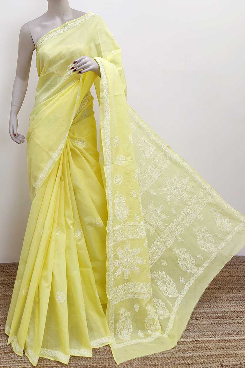 Yellow Color Hand Embroidered Cotton Lucknowi Chikankari Saree (with Blouse) MC252994