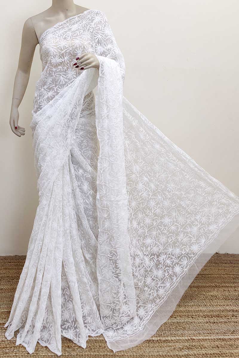 White Colour Georgette Lucknowi Chikankari Tepchi Saree (with Blouse) MC252996