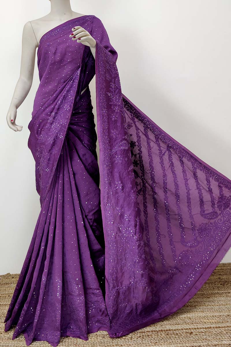 Purple Color Chanderi Silk Chikankari Saree With Mukaish Work (with Blouse) MC252412